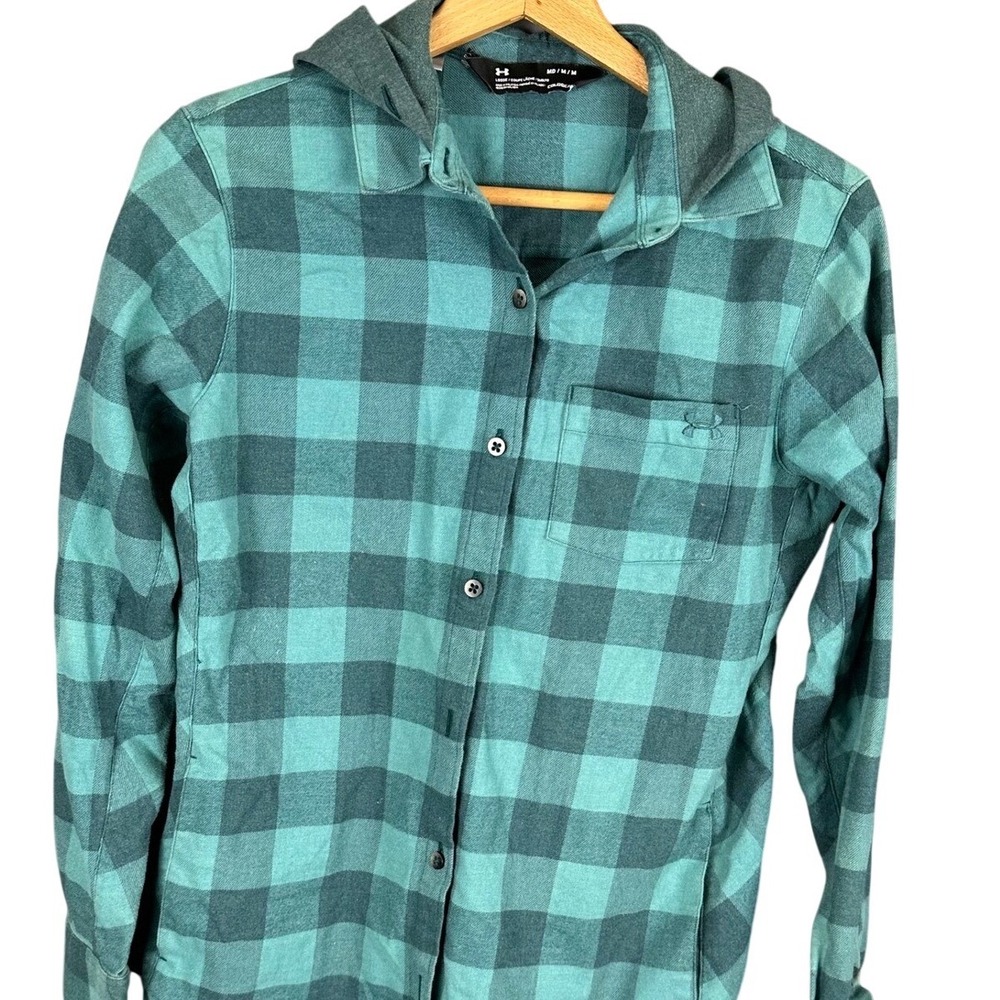 Under Armour ColdGear Hooded Flannel Shirt Teal Green Plaid Mens Medium MD/M/M